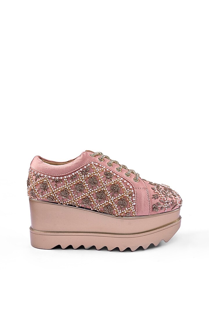 Pink Faux Leather Zardosi Hand Embroidered Sneakers by Anaar at Pernia's Pop Up Shop