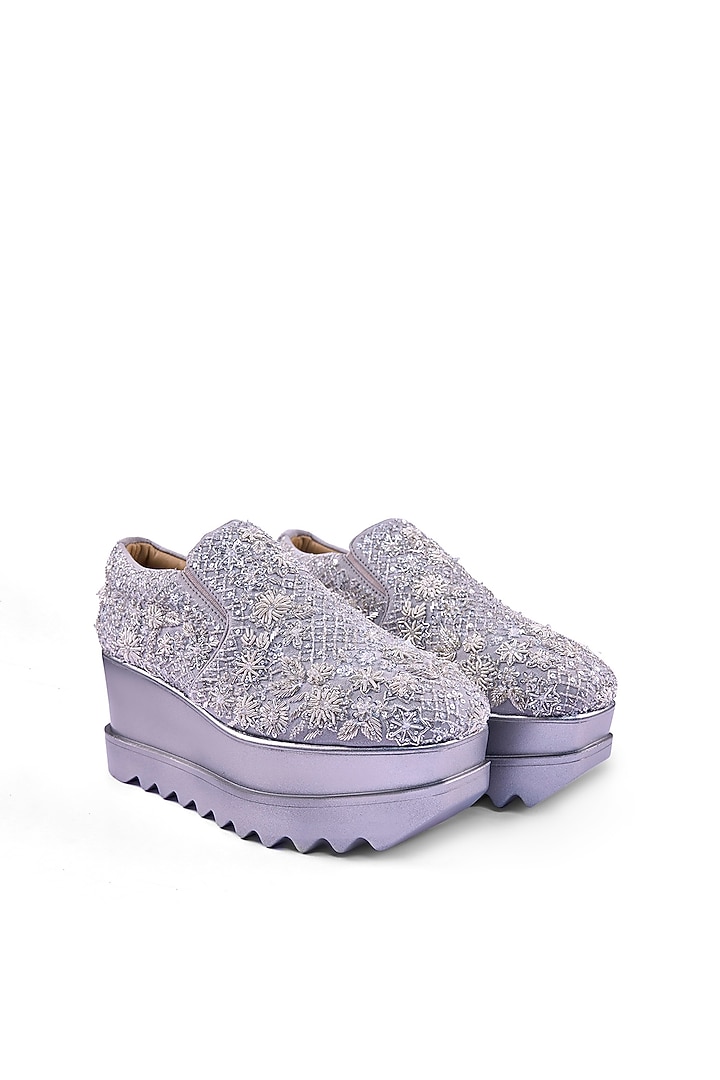 Silver Suede Textured Zardosi Embroidered Sneakers by Anaar at Pernia's Pop Up Shop