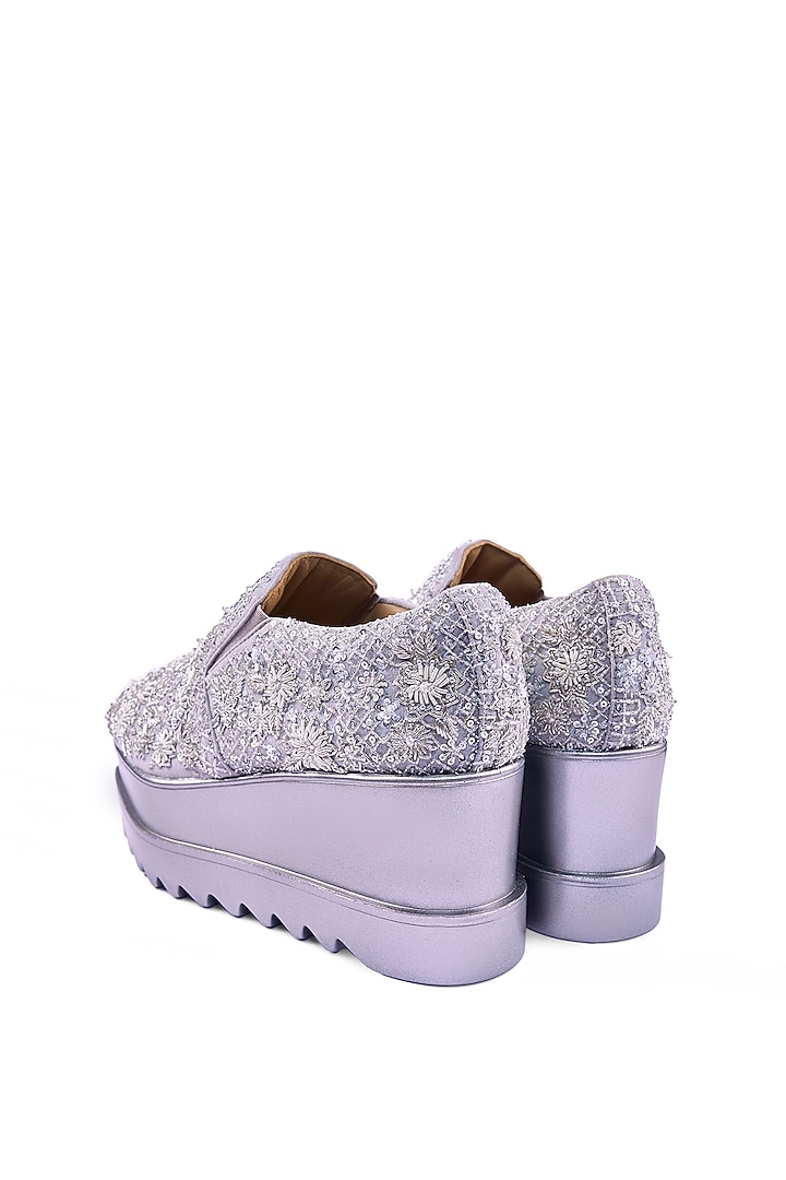 Silver Suede Textured Zardosi Embroidered Sneakers by Anaar at Pernia's Pop Up Shop
