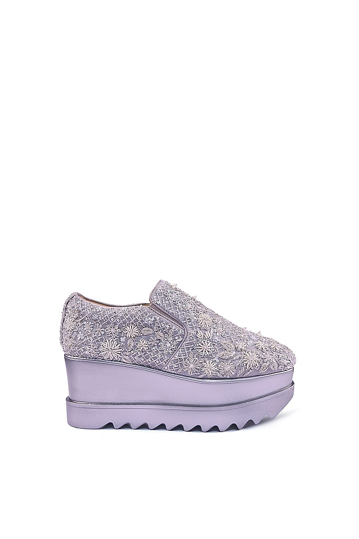 Silver Suede Textured Zardosi Embroidered Sneakers by Anaar at Pernia's Pop Up Shop