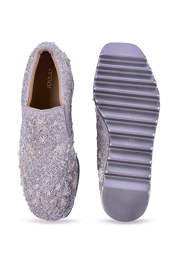 Silver Suede Textured Zardosi Embroidered Sneakers by Anaar at Pernia's Pop Up Shop