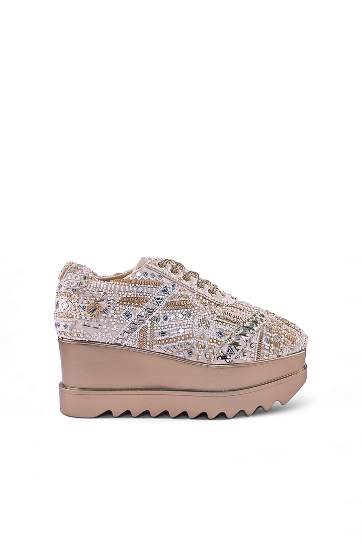 Off-White Satin Mirror Hand Embroidered Sneakers by Anaar at Pernia's Pop Up Shop