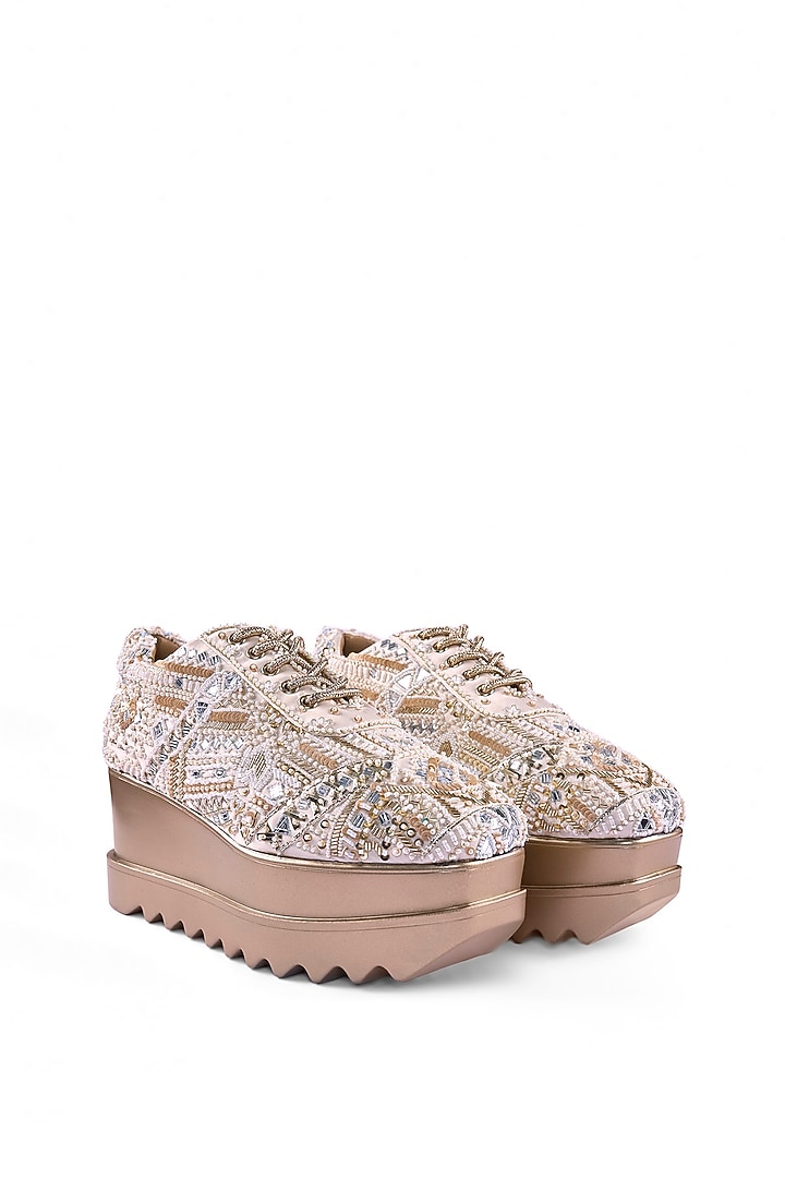 Off-White Satin Mirror Hand Embroidered Sneakers by Anaar at Pernia's Pop Up Shop