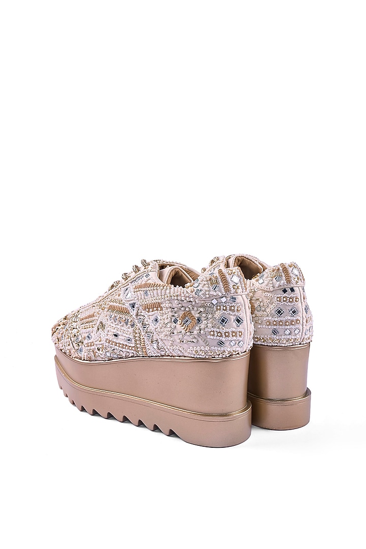 Off-White Satin Mirror Hand Embroidered Sneakers by Anaar at Pernia's Pop Up Shop