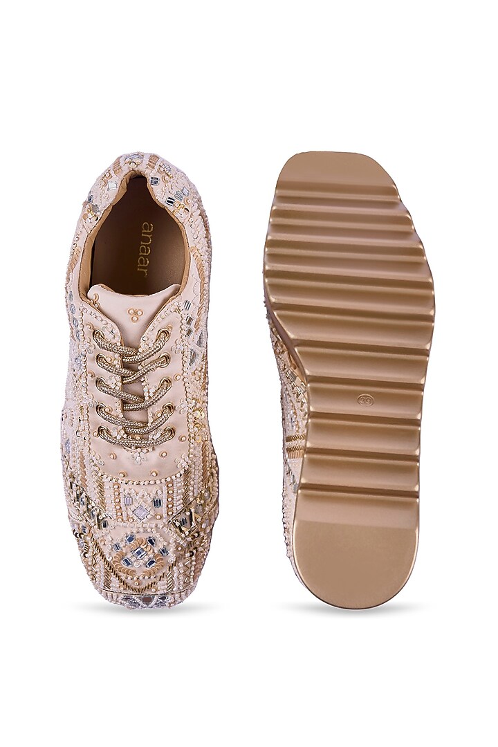 Off-White Satin Mirror Hand Embroidered Sneakers by Anaar at Pernia's Pop Up Shop