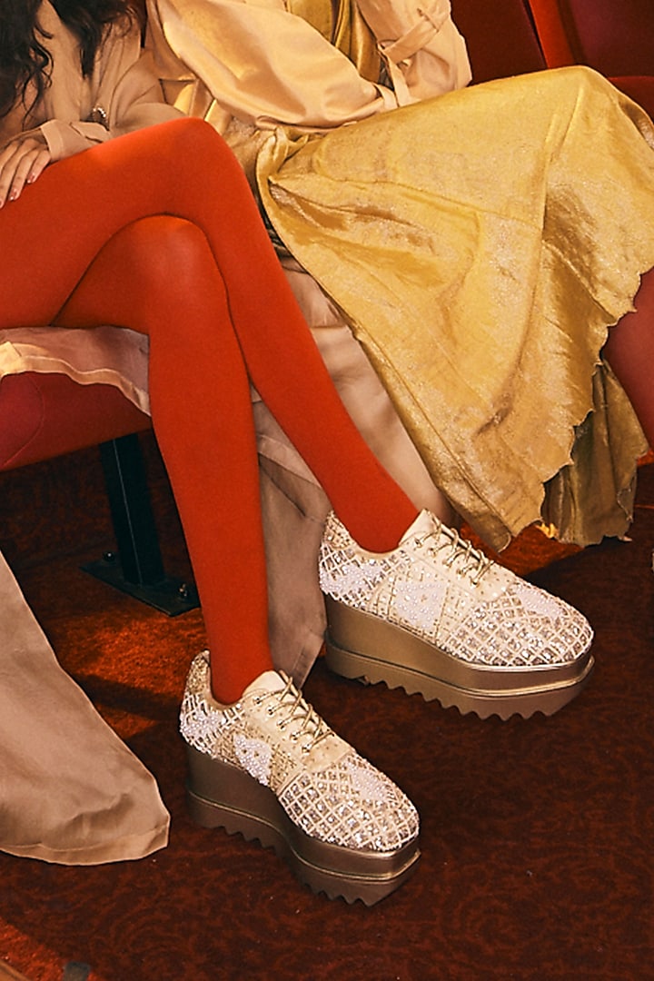 Gold Satin Cutdana Hand Embroidered Sneakers by Anaar at Pernia's Pop Up Shop