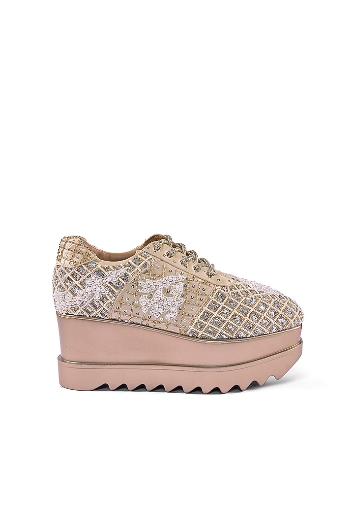 Gold Satin Cutdana Hand Embroidered Sneakers by Anaar at Pernia's Pop Up Shop