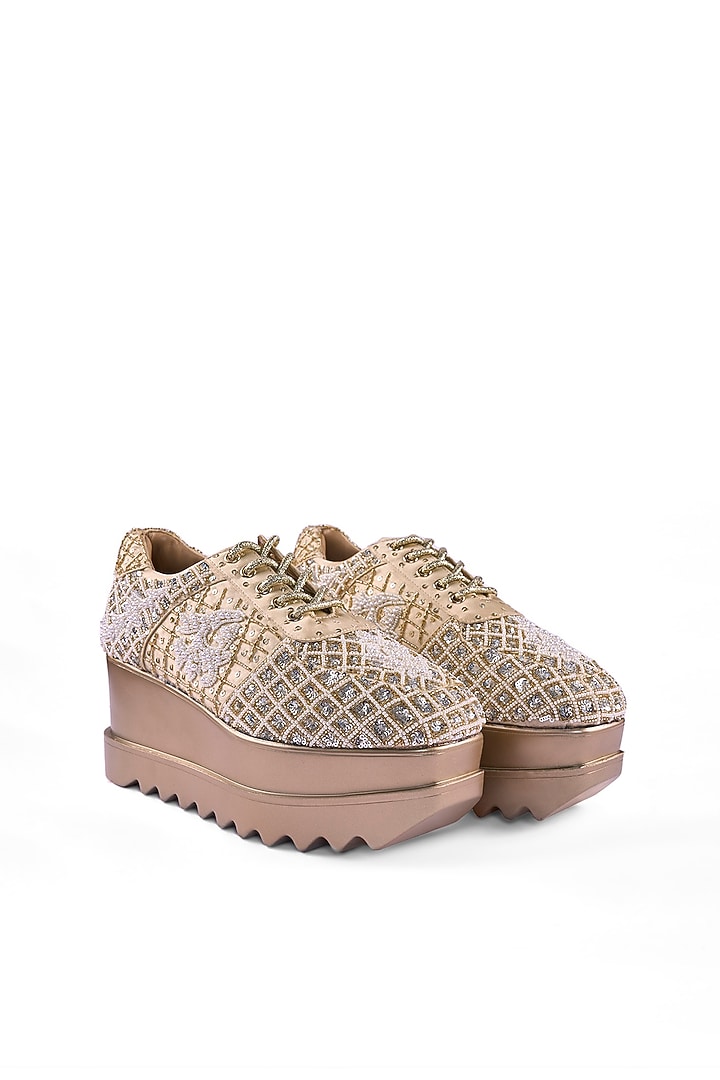 Gold Satin Cutdana Hand Embroidered Sneakers by Anaar at Pernia's Pop Up Shop