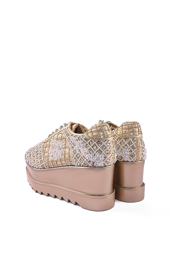 Gold Satin Cutdana Hand Embroidered Sneakers by Anaar at Pernia's Pop Up Shop