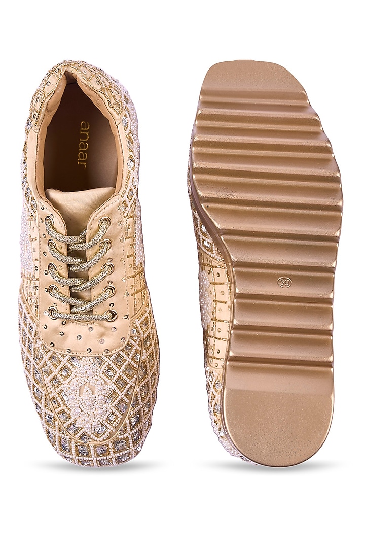 Gold Satin Cutdana Hand Embroidered Sneakers by Anaar at Pernia's Pop Up Shop