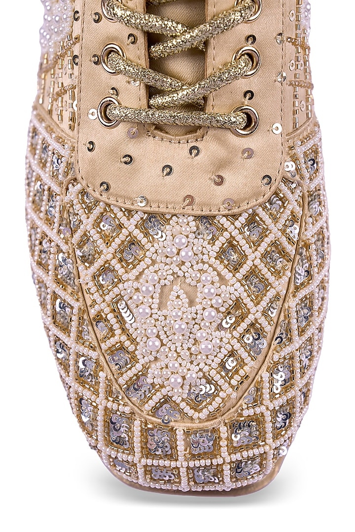 Gold Satin Cutdana Hand Embroidered Sneakers by Anaar at Pernia's Pop Up Shop