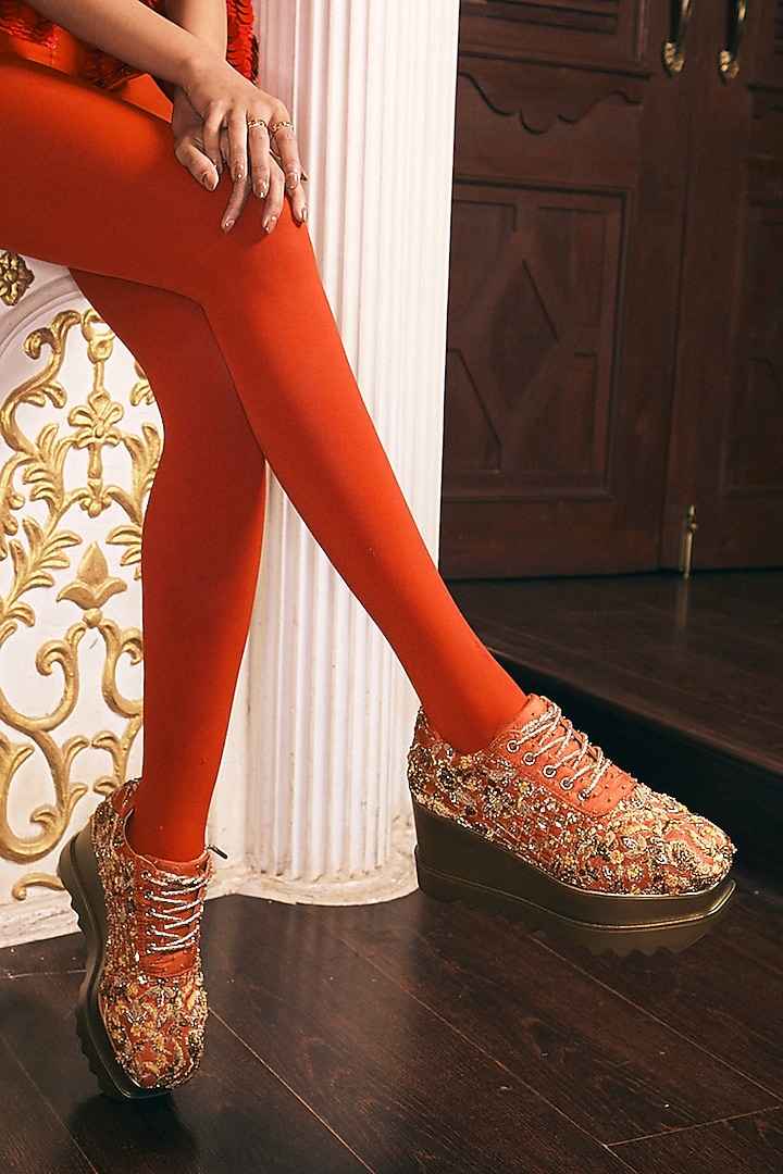 Rust Satin Zardosi Hand Embroidered Sneakers by Anaar at Pernia's Pop Up Shop