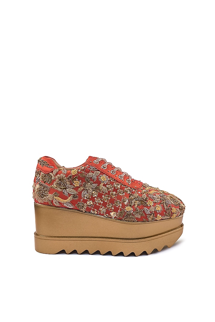Rust Satin Zardosi Hand Embroidered Sneakers by Anaar at Pernia's Pop Up Shop
