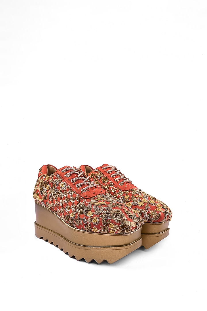 Rust Satin Zardosi Hand Embroidered Sneakers by Anaar at Pernia's Pop Up Shop