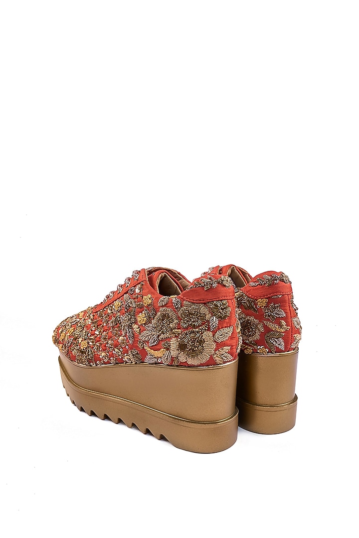 Rust Satin Zardosi Hand Embroidered Sneakers by Anaar at Pernia's Pop Up Shop
