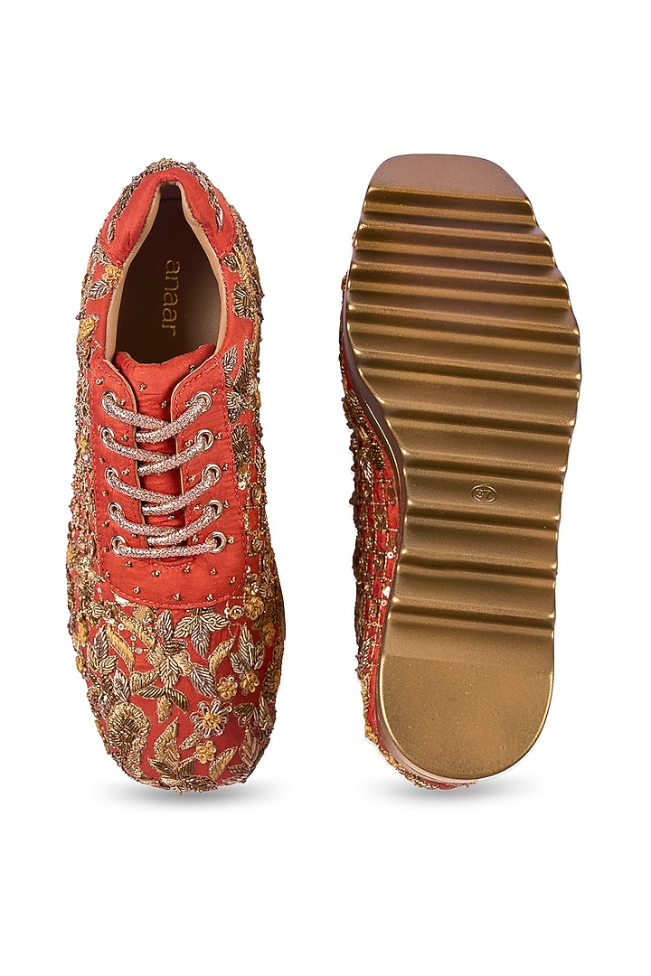 Rust Satin Zardosi Hand Embroidered Sneakers by Anaar at Pernia's Pop Up Shop