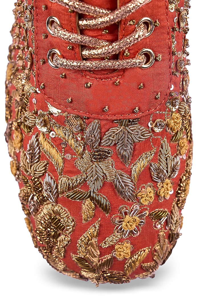 Rust Satin Zardosi Hand Embroidered Sneakers by Anaar at Pernia's Pop Up Shop