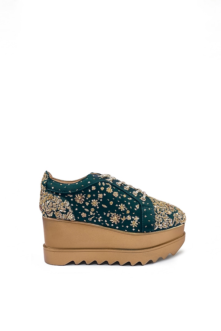 Emerald Green Satin Zari Hand Embroidered Sneakers by Anaar at Pernia's Pop Up Shop