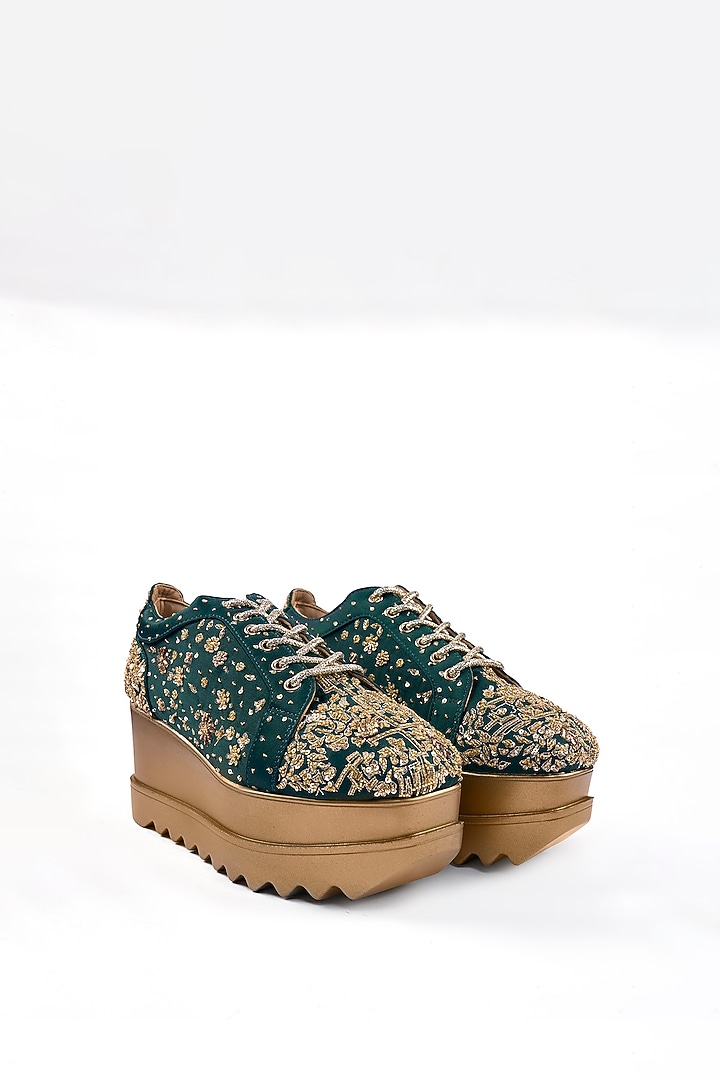 Emerald Green Satin Zari Hand Embroidered Sneakers by Anaar at Pernia's Pop Up Shop