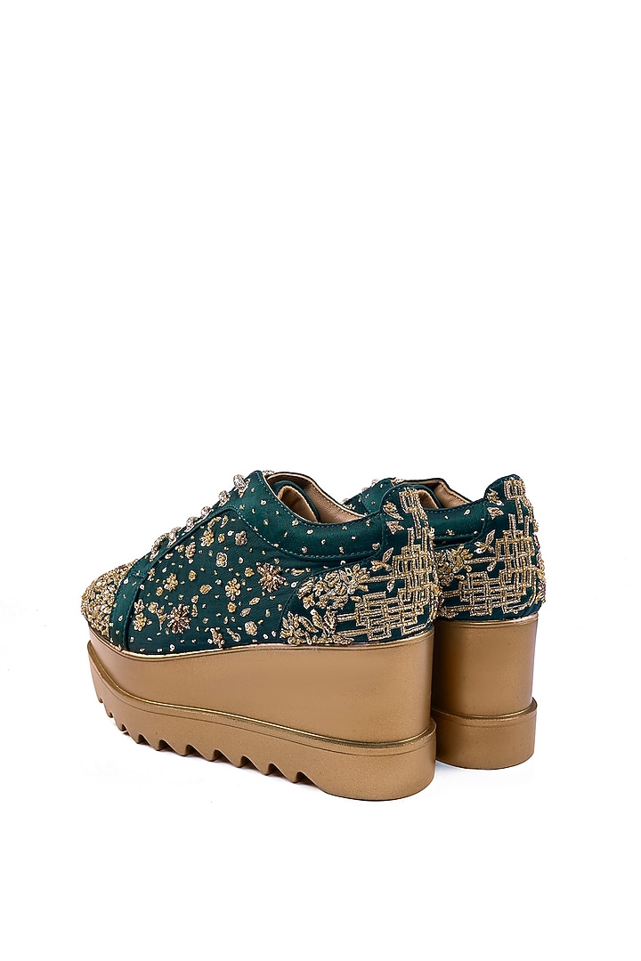 Emerald Green Satin Zari Hand Embroidered Sneakers by Anaar at Pernia's Pop Up Shop