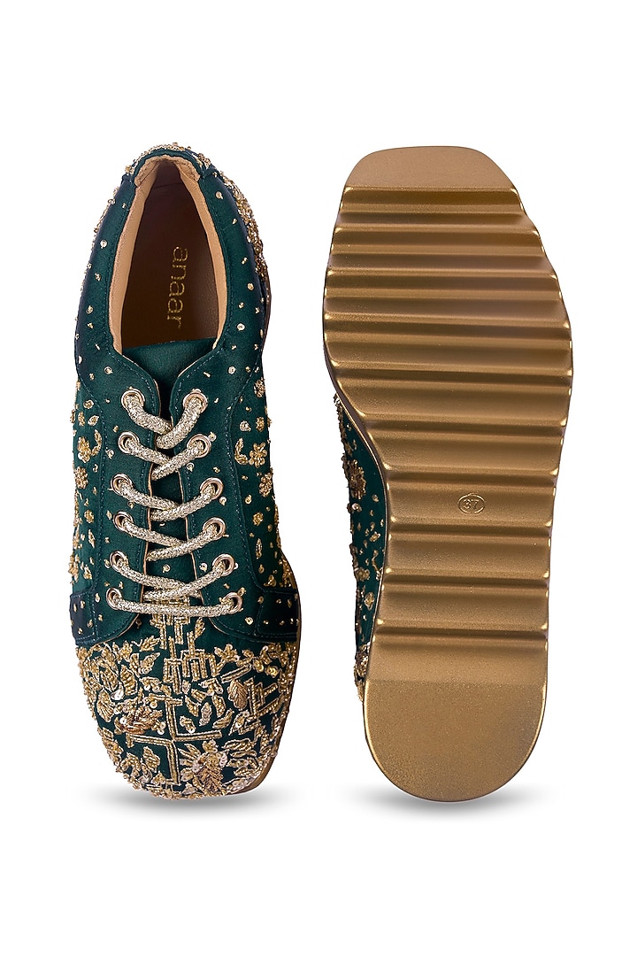 Emerald Green Satin Zari Hand Embroidered Sneakers by Anaar at Pernia's Pop Up Shop