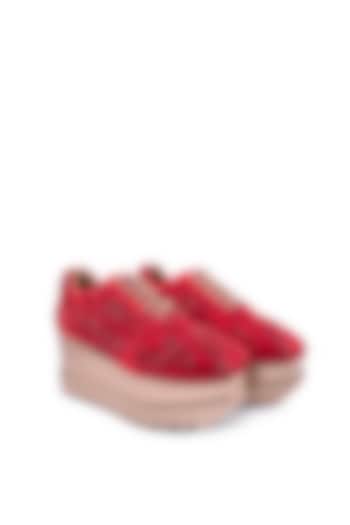 Red Satin Sequin Hand Embroidered Sneakers by Anaar at Pernia's Pop Up Shop