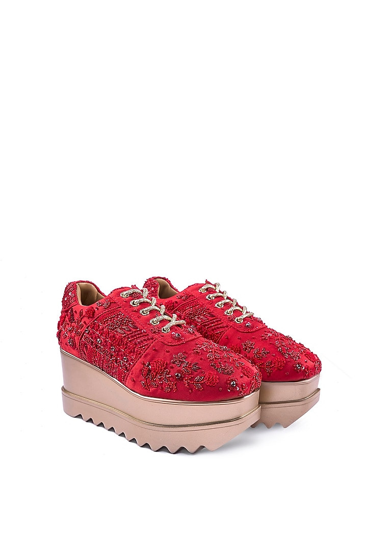 Red Satin Sequin Hand Embroidered Sneakers by Anaar at Pernia's Pop Up Shop