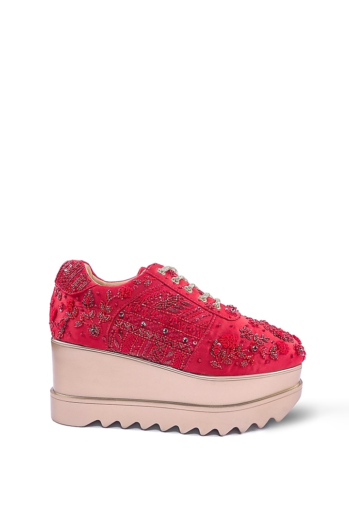 Red Satin Sequin Hand Embroidered Sneakers by Anaar at Pernia's Pop Up Shop