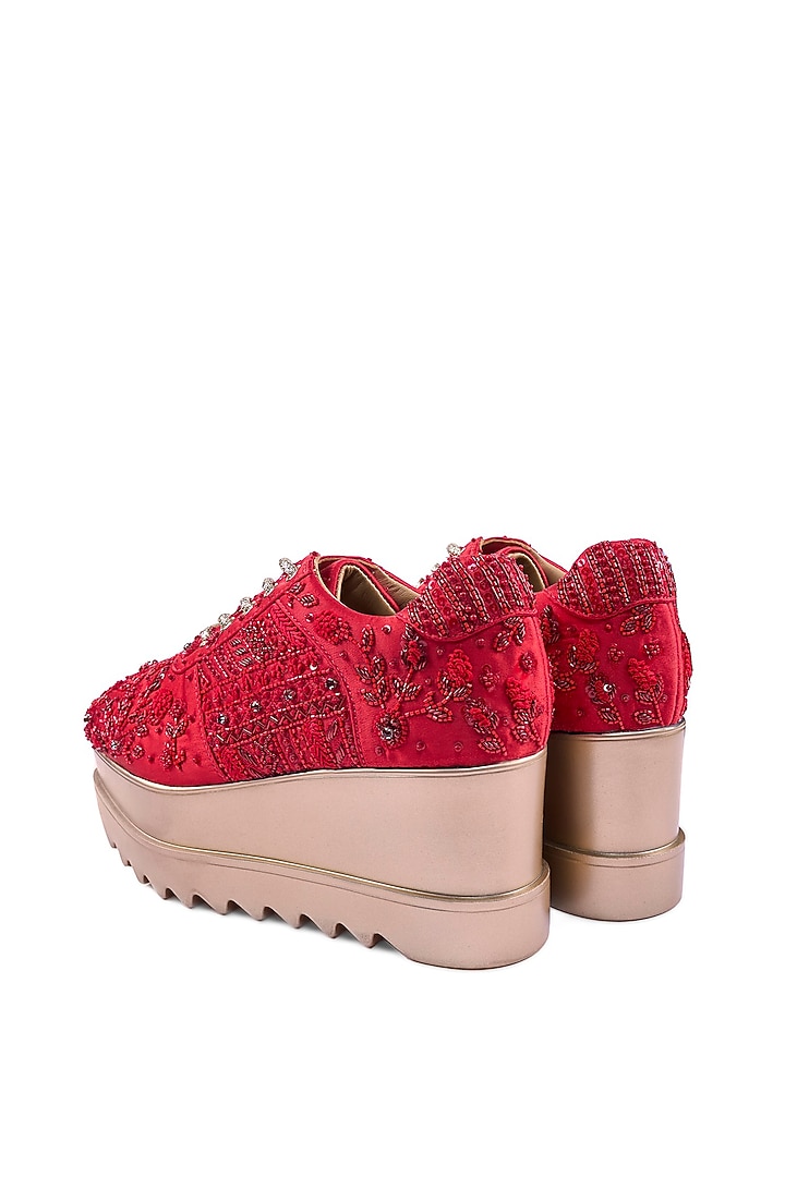 Red Satin Sequin Hand Embroidered Sneakers by Anaar at Pernia's Pop Up Shop