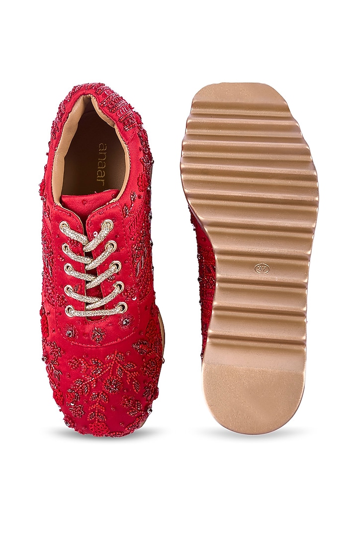 Red Satin Sequin Hand Embroidered Sneakers by Anaar at Pernia's Pop Up Shop