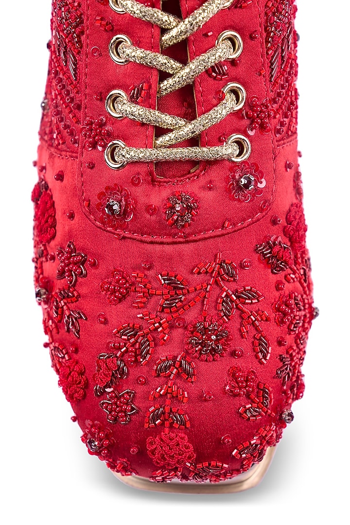 Red Satin Sequin Hand Embroidered Sneakers by Anaar at Pernia's Pop Up Shop