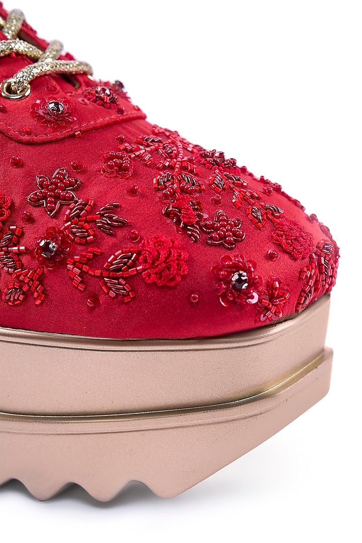 Red Satin Sequin Hand Embroidered Sneakers by Anaar at Pernia's Pop Up Shop
