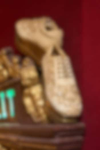 Gold Satin Zardosi Hand Embroidered Sneakers by Anaar at Pernia's Pop Up Shop