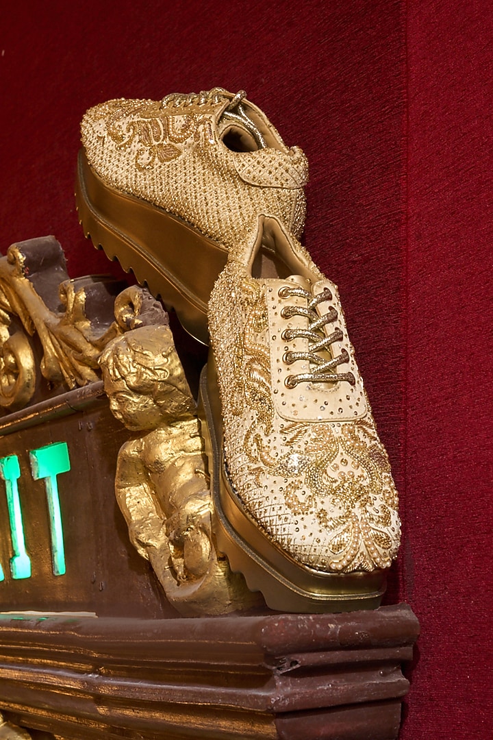 Gold Satin Zardosi Hand Embroidered Sneakers by Anaar at Pernia's Pop Up Shop