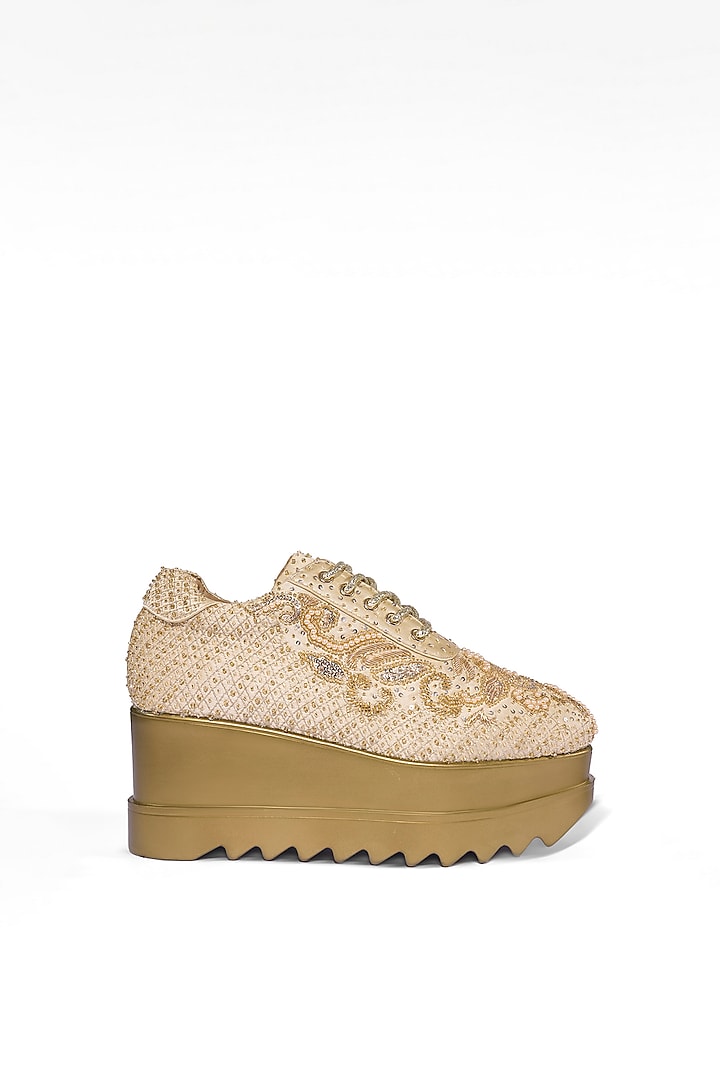 Gold Satin Zardosi Hand Embroidered Sneakers by Anaar at Pernia's Pop Up Shop