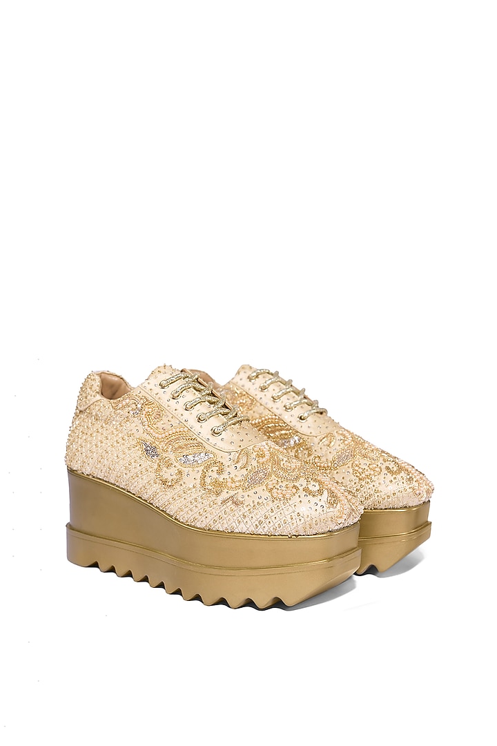Gold Satin Zardosi Hand Embroidered Sneakers by Anaar at Pernia's Pop Up Shop