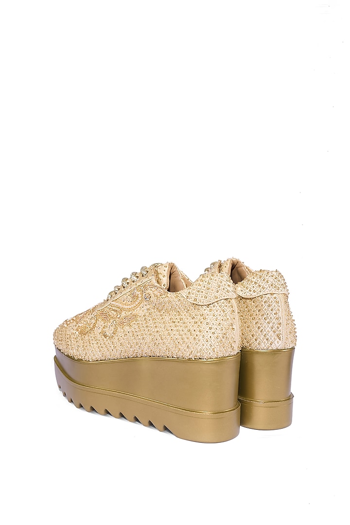 Gold Satin Zardosi Hand Embroidered Sneakers by Anaar at Pernia's Pop Up Shop