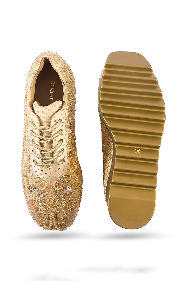 Gold Satin Zardosi Hand Embroidered Sneakers by Anaar at Pernia's Pop Up Shop