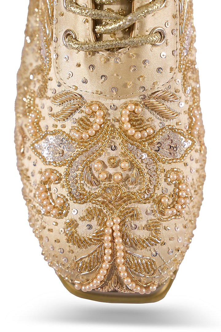 Gold Satin Zardosi Hand Embroidered Sneakers by Anaar at Pernia's Pop Up Shop