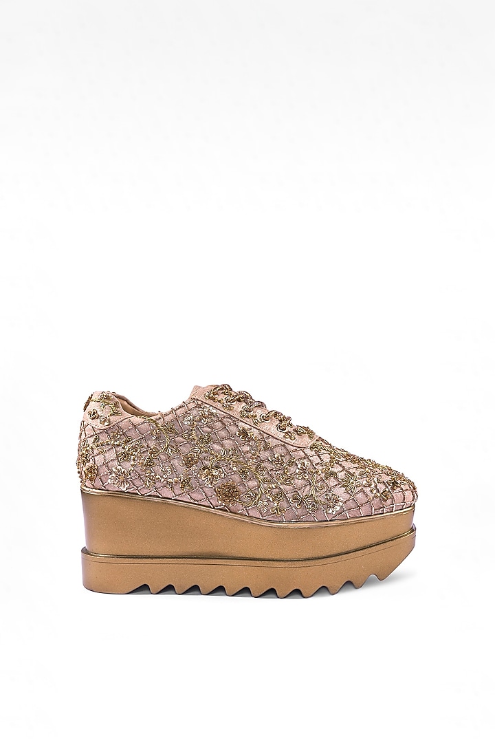 Gold Satin Pearl Hand Embroidered Sneakers by Anaar at Pernia's Pop Up Shop