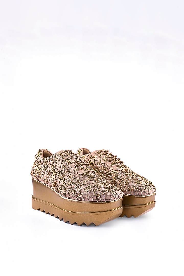 Gold Satin Pearl Hand Embroidered Sneakers by Anaar at Pernia's Pop Up Shop