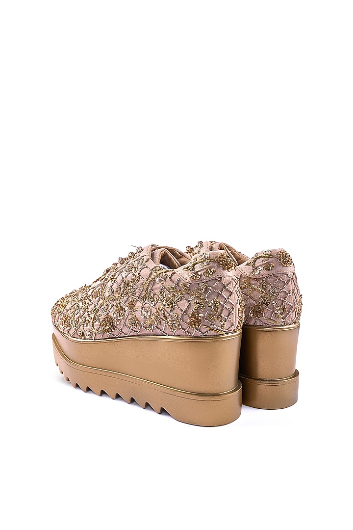 Gold Satin Pearl Hand Embroidered Sneakers by Anaar at Pernia's Pop Up Shop