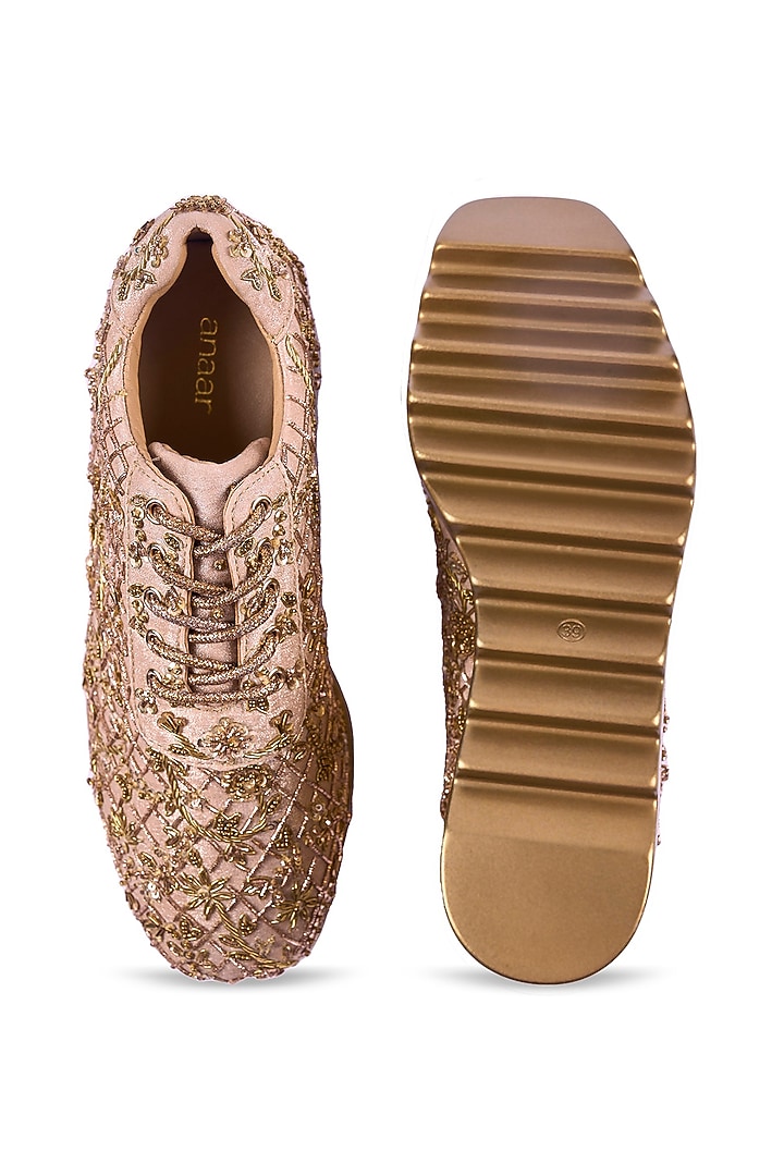 Gold Satin Pearl Hand Embroidered Sneakers by Anaar at Pernia's Pop Up Shop