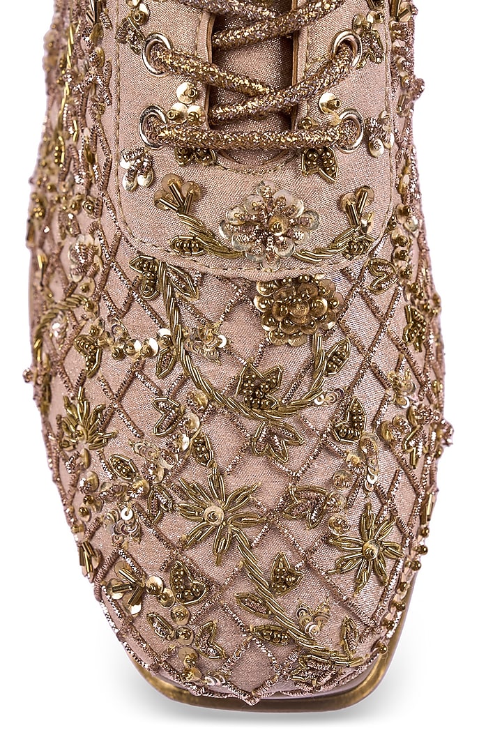 Gold Satin Pearl Hand Embroidered Sneakers by Anaar at Pernia's Pop Up Shop