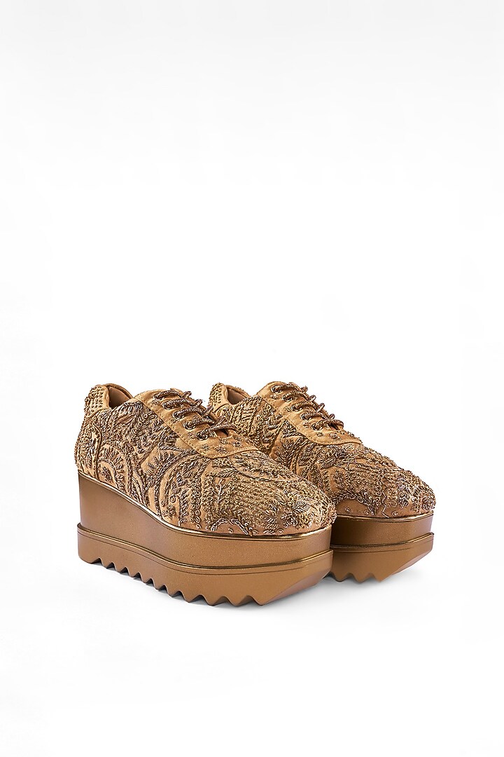 Gold Satin Sequin Hand Embroidered Sneakers by Anaar at Pernia's Pop Up Shop