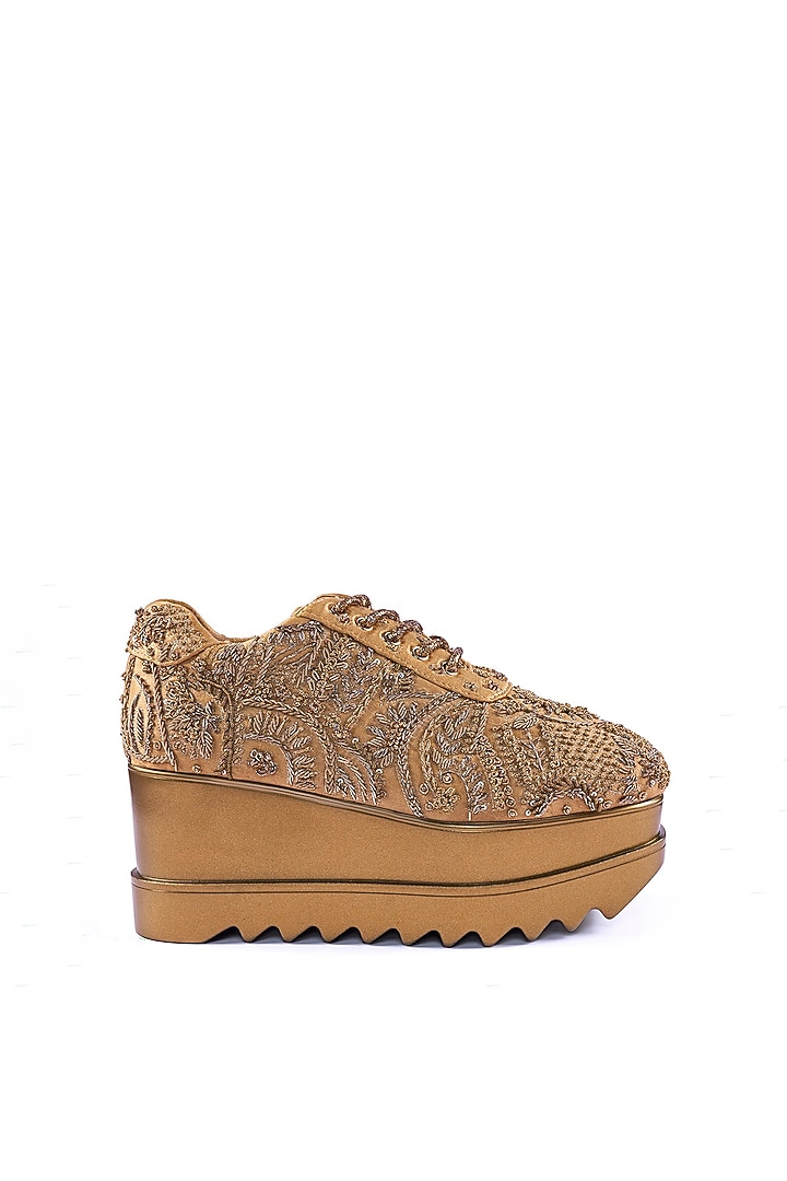 Gold Satin Sequin Hand Embroidered Sneakers by Anaar at Pernia's Pop Up Shop
