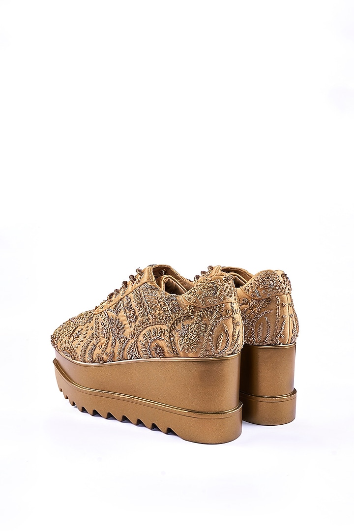 Gold Satin Sequin Hand Embroidered Sneakers by Anaar at Pernia's Pop Up Shop