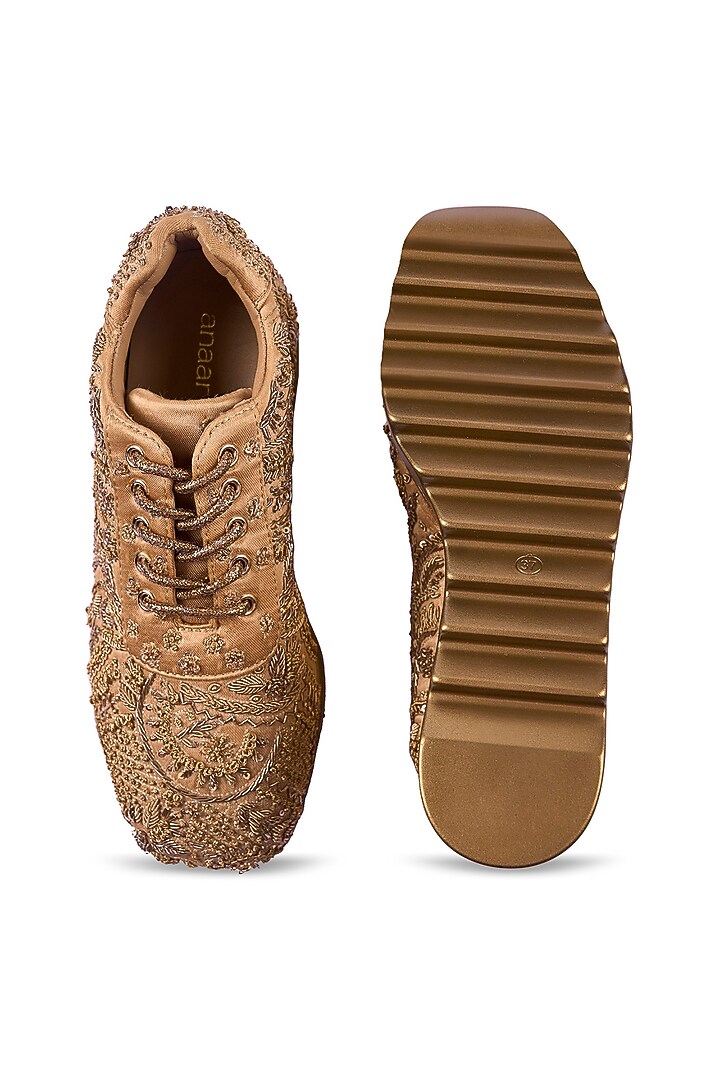 Gold Satin Sequin Hand Embroidered Sneakers by Anaar at Pernia's Pop Up Shop