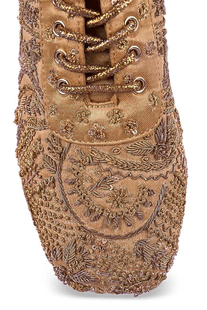 Gold Satin Sequin Hand Embroidered Sneakers by Anaar at Pernia's Pop Up Shop