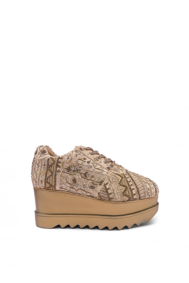 Off-White Satin Cutdana Hand Embroidered Sneakers by Anaar at Pernia's Pop Up Shop